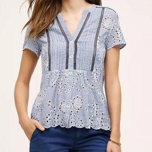 Anthropologie Holding Horses Blue White Eyelet Embroidered Top Size 2